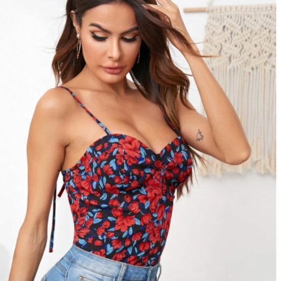 New Shein Red & Blue Floral Print Cami Top Size Small - Picture 4 of 7